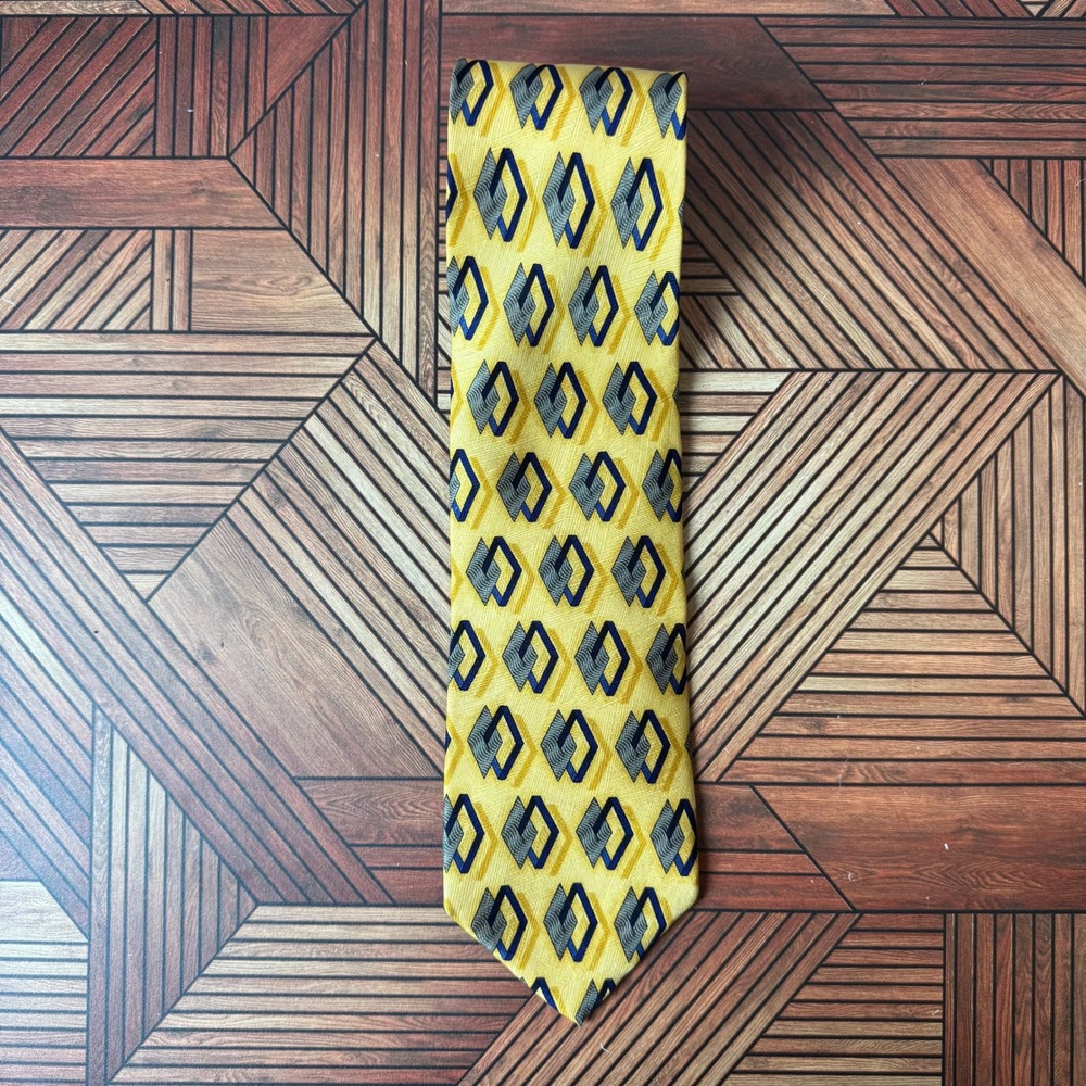J.Z. Richards Nordstrom Mens Silk Tie Yellow Grey Geometric Diamond Handmade USA